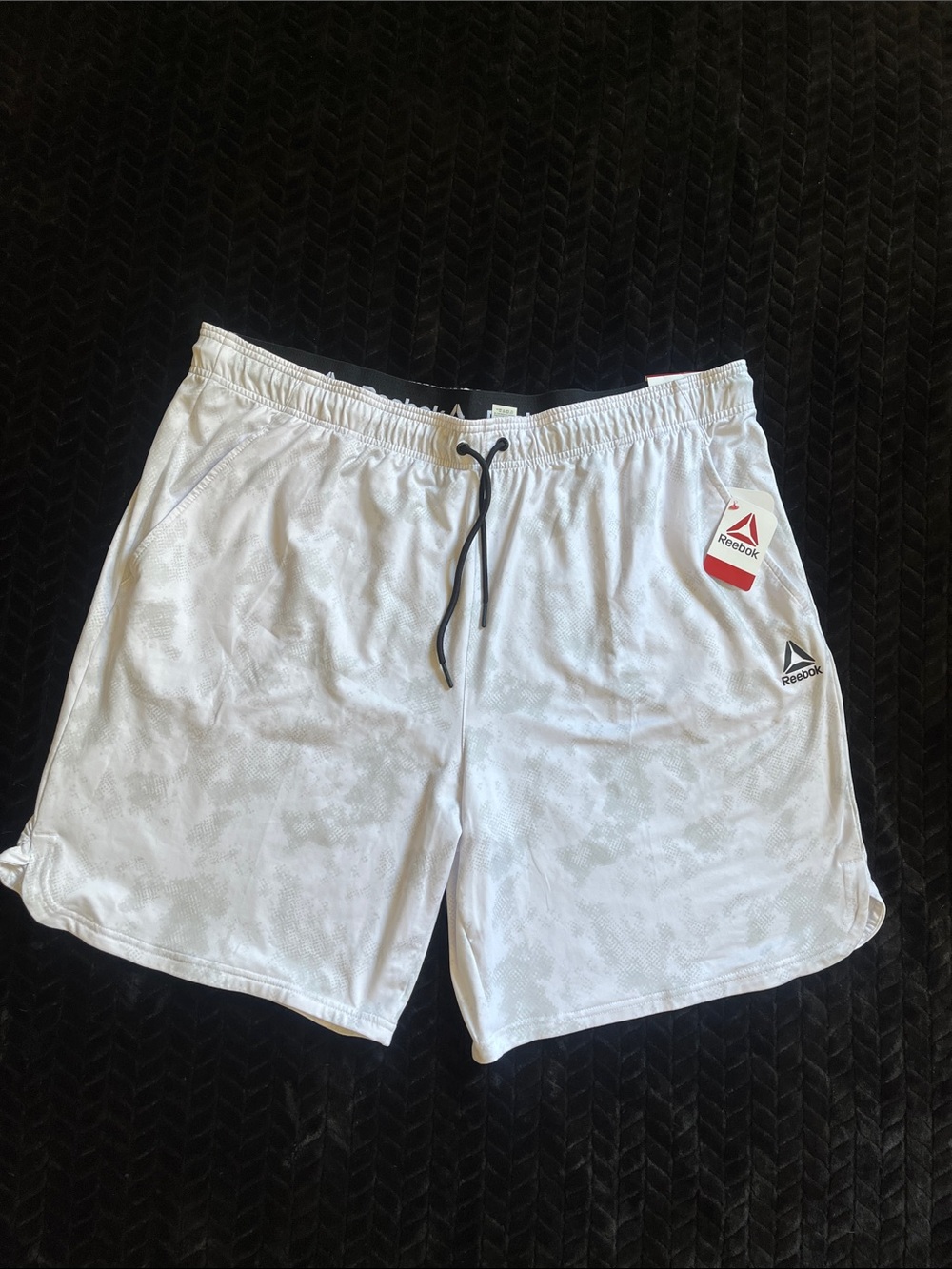 Reebok White Athletic Shorts with Light Gray Camo and Black Drawcord - Picture 2 of 8